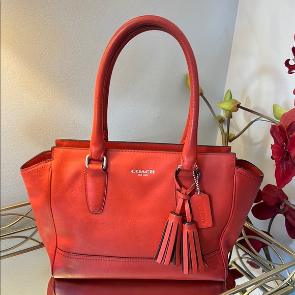Coach Coral Red Leather Satchel Bag with Tassel Charm 19891